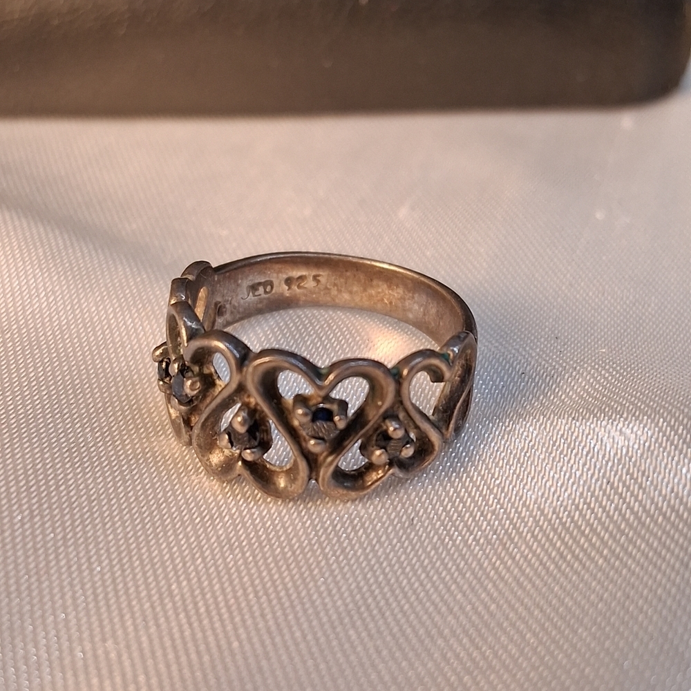 P45. Vintage/Antique 925 Sterling Silver Sapphire Heart Ring, Stamped JED, Size5